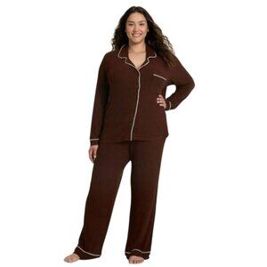 Auden Womens XXL Brown Button-Down Pajama Set With Piping Detail Long Sleeve Top